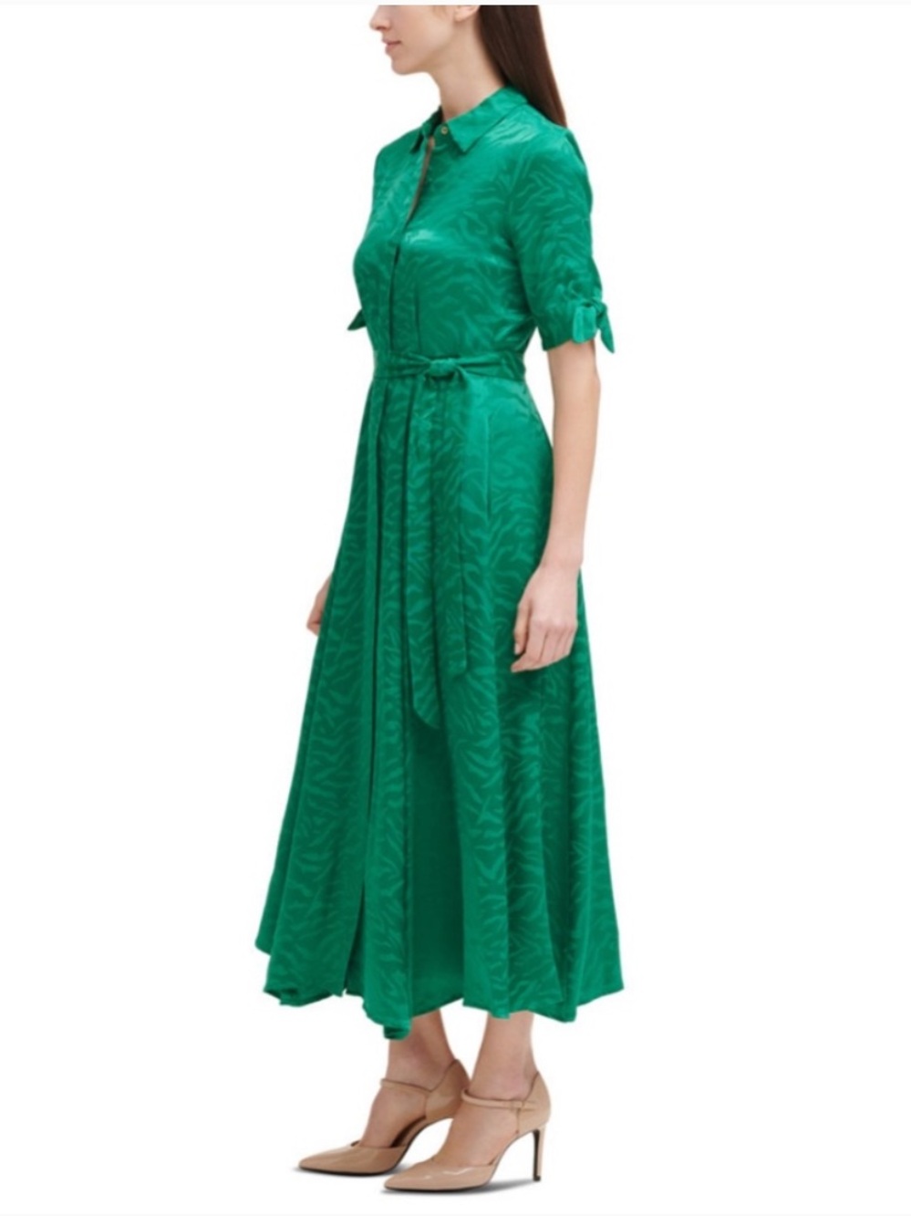 CALVIN KLEIN • Jacquard Maxi Shirtdress • Green size M belted